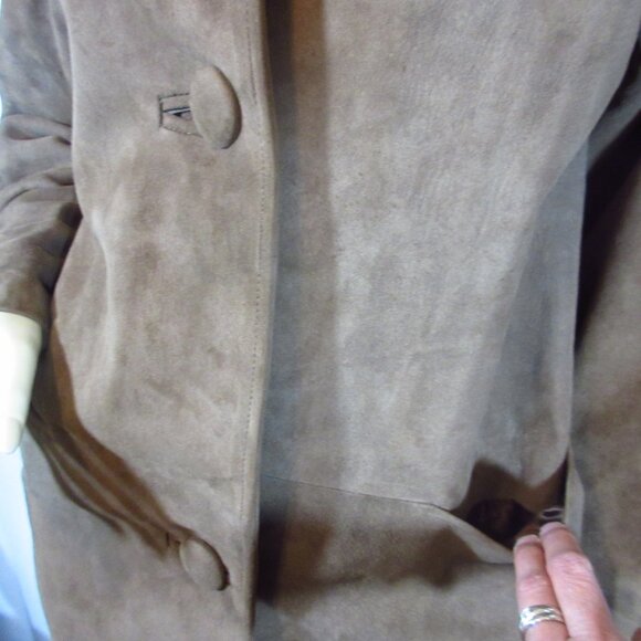 Vintage Shillito's Suede Leather Jacket 8 Long Trench Coat Fur Collar Dark Brown - Picture 7 of 16
